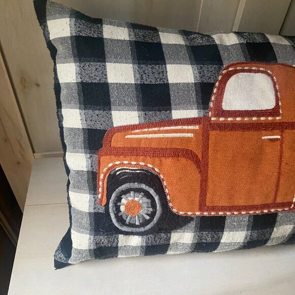 Loving Kindness Fall Pumpkin Patch Plaid Large Throw Pillow Dog Truck embroider - Picture 2 of 9
